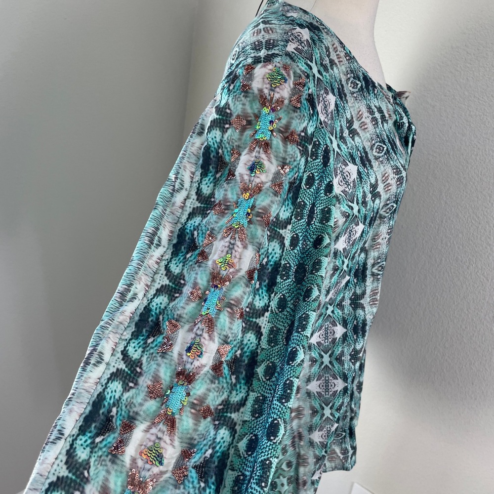 Kobi Halperin Womens XL Teal Ikat‎ Snakeskin Print Blouse Front Neck Tie Shirt - Picture 8 of 10